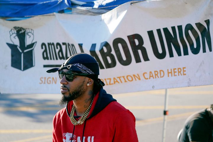Amazon Labor Union President Chris Smalls collecting signatures from workers outside the JFK8 warehouse in Staten Island, New York, last October.