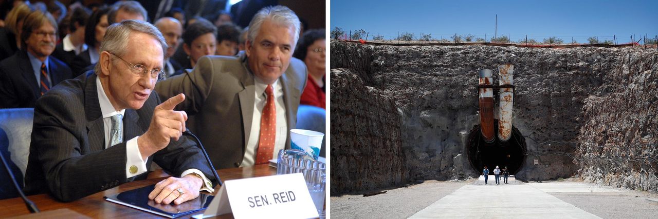 Senate Majority Leader Harry Reid (D-Nev.), left, and Sen. John Ensign (R-Nev.) testify at a hearing on the Yucca Mountain Nuclear Waste Project on Oct. 31, 2007. Right: In this July 14, 2018, file photo, people leave the south portal of Yucca Mountain during a congressional tour near Mercury, Nevada.