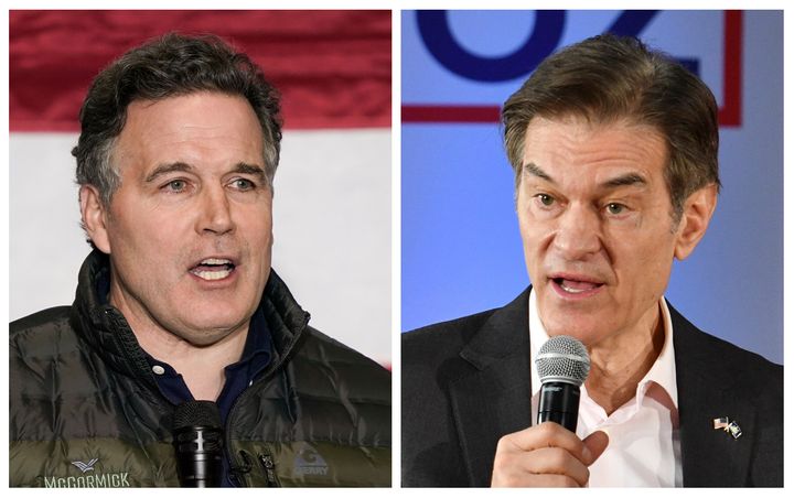 Dave McCormick, left, led a major hedge fund that mandated masks and vaccines. Mehmet Oz, right, once wrote, "Masks shouldn't be a political statement." Both have changed their mind as they vie for the GOP Senate nomination in Pennsylvania.