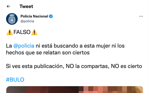 El tuit en el que la Policía Nacional desmiente el bulo.