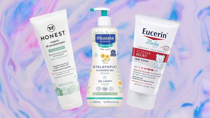 Honest Company's all-purpose balm, Mustela stelatopia cleanser and Eucerin baby eczema relief body creme.
