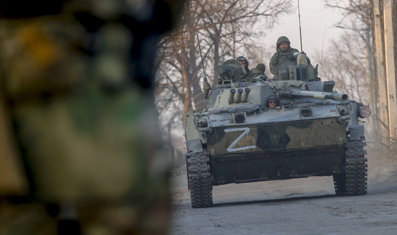 Russian soldiers are seen on a tank in Volnovakha district in the pro-Russian separatist-controlled Donetsk in Ukraine on March 26.