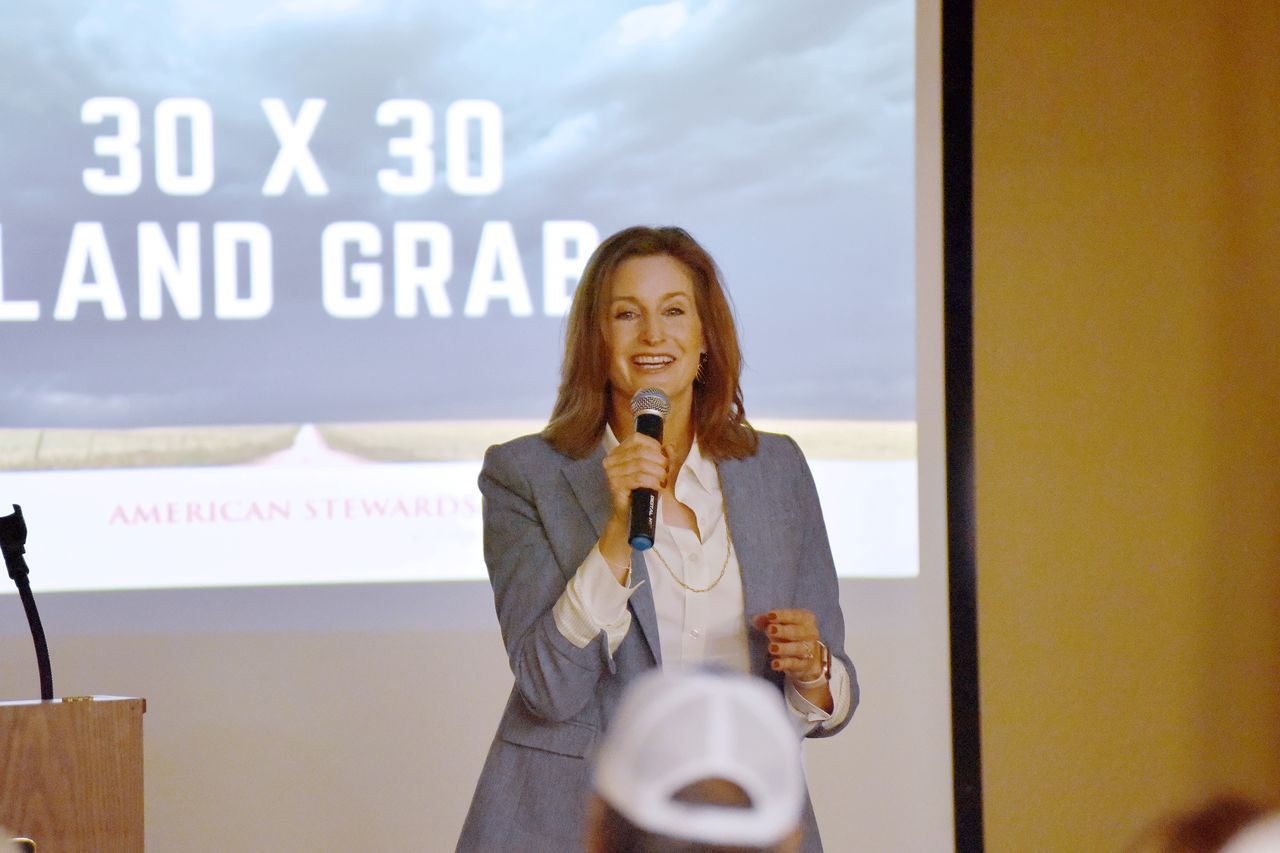 Margaret Byfield, executive director of American Stewards of Liberty, speaks at an anti-30x30 information session in Lea County, New Mexico, in July 2021. Her Texas-based nonprofit is leading the charge against the Biden administration's conservation target.