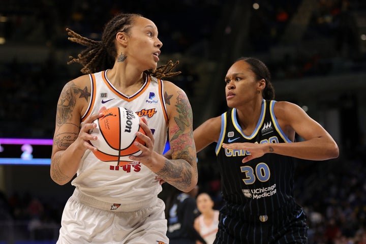 Brittney Griner #42 of the Phoenix Mercury (left) is defended by Azurá Stevens #30 of the Chicago Sky during the first half of Game Four of the WNBA Finals in 2021.
