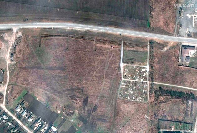 A satellite image of mass graves in Manhush taken by Maxar Technologies on April 3