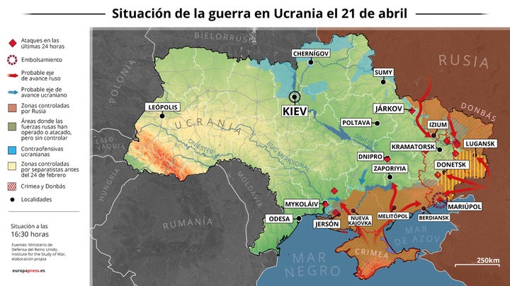 Gráfico con los últimos movimientos y ataques en Ucrania, a fecha de 21 de abril.