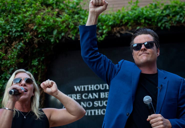 Republican Reps. Marjorie Taylor Greene and Matt Gaetz make an appearance at an America First rally on Saturday, July, 17, 2021.