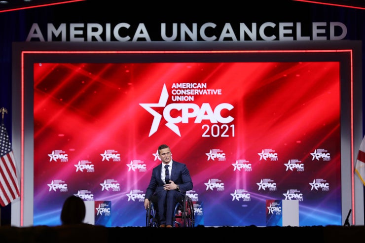 Rep. Madison Cawthorn (R-N.C.) addresses the Conservative Political Action Conference being held in the Hyatt Regency on Feb. 26, 2021, in Orlando, Florida.