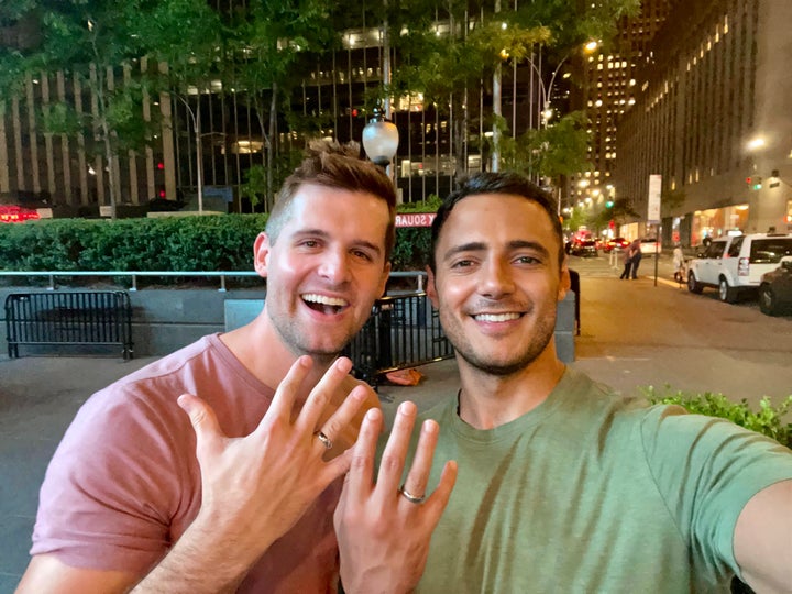 The engagement photo the author (right) and his fiance snapped.