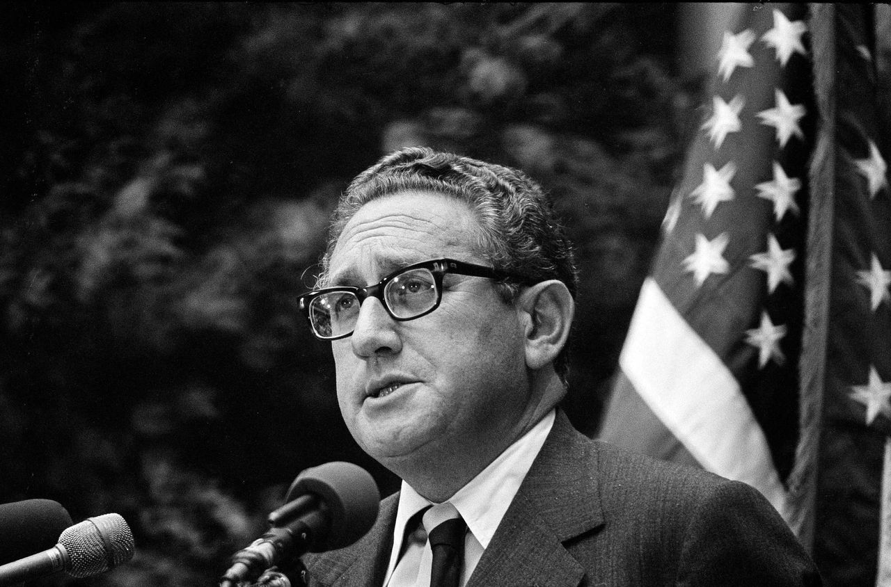 Secretary of State Henry Kissinger speaks to State Department employees on Sept. 28, 1973. Kissinger urged them to seize what he described as unparalleled opportunity to bring about a peaceful international structure. The speech came just two weeks after Kissinger and the U.S. backed a military coup in Chile that established a brutal dictatorship that is estimated to have left 3,000 people dead or tortured and 40,000 more missing.