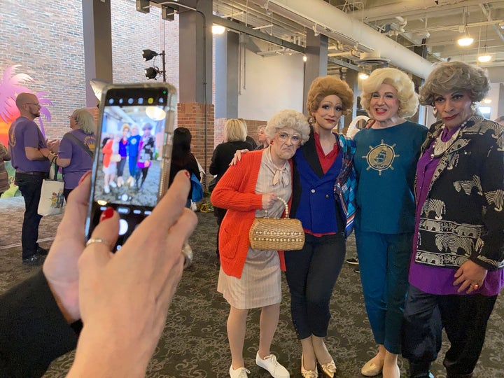 'Golden Girls' Fans Descend Upon Chicago For Inaugural Golden Con 2 Drag queen performers dressed as characters from "The Golden Girls" pose for a photo at the Navy Pier in Chicago, Friday, April 22, 2022. Golden-Con, which lasts thru Sunday, is giving those who adored the NBC sitcom a chance to mingle, see panels and buy merchandise. The show, which ran from 1985-1992, starred Bea Arthur, Rue McClanahan, Estelle Getty and Betty White—who died at age 99 in December.
