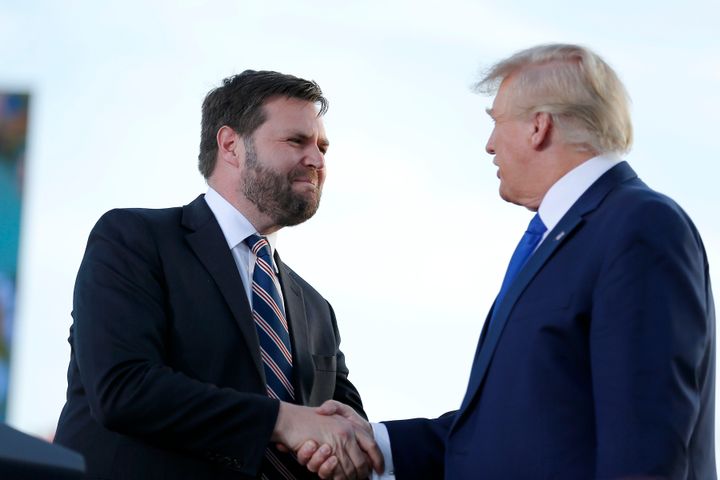 J.D. Vance greeted former President Donald Trump at the Delaware County Fairgrounds on Saturday.