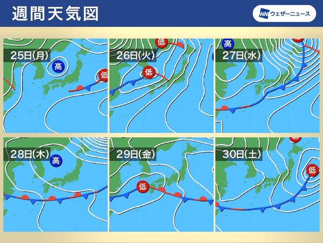 週間天気図　25日(月)～30日(土)