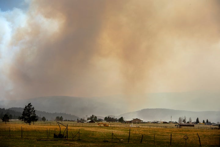 The Calf Fire burns near Penasco Blanco, N.M. in San Miguel County Friday, April 22, 2022. Destructive Southwest fires have burned dozens of homes in northern Arizona and put numerous small villages in New Mexico in the path of danger, as wind-fueled flames chewed up wide swaths of tinder dry forest and grassland and towering plumes of smoke filled the sky.