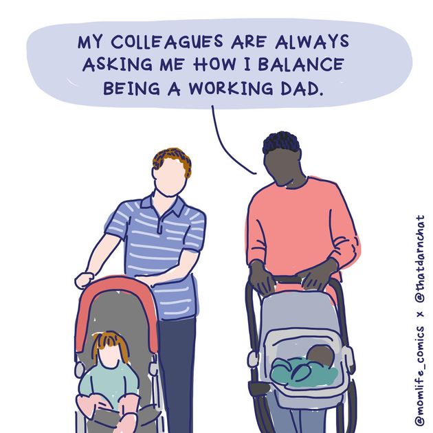 Instagramからのイラスト「同僚はいつも僕に、どうやって仕事と育児のバランスをとっているのか聞いてくるんだ」