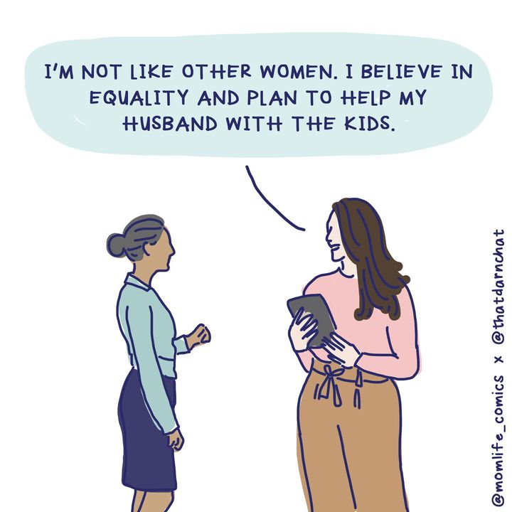 Instagramからのイラスト<br><strong>「私は他の女性とは違う。平等を信じてるから、夫の育児を手伝うつもり」</strong>