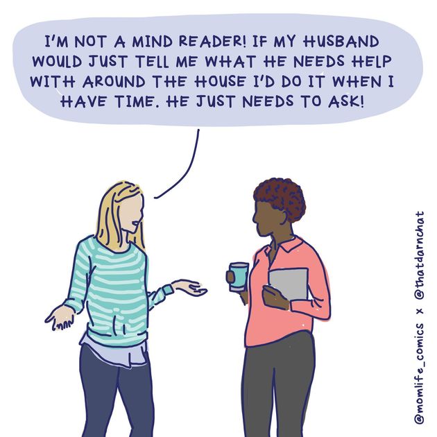 Instagramからのイラスト「人の心なんて読めない！せめて夫がどんな家事の助けが必要か言ってくれたら、時間があるときやるのに。ただ言ってくれればいいのに！」