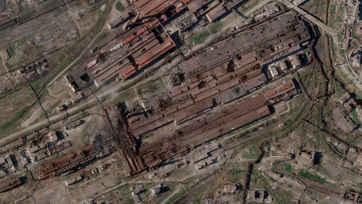 This satellite image from Planet Labs PBC shows damage at the Azovstal steelworks in Mariupol, Ukraine, on April 24, 2022. 