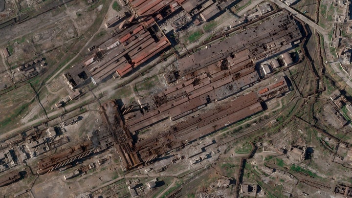This satellite image from Planet Labs PBC shows damage at the Azovstal steelworks in Mariupol, Ukraine, on April 24, 2022.