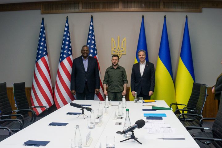 U.S. Secretary of Defense Lloyd Austin, third from left, and U.S. Secretary of State Antony Blinken, right, meet with Ukrainian President Volodymyr Zelenskyy, on April 24, 2022 in Kyiv, Ukraine.