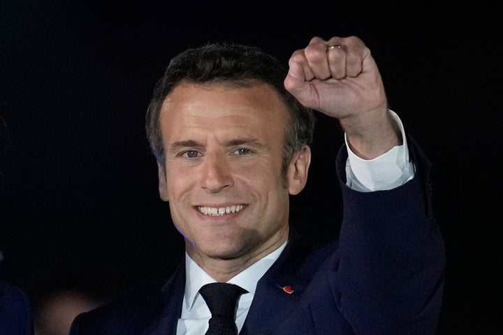 French President Emmanuel Macron celebrates with his supporters in Paris, France, on April 24, 2022.