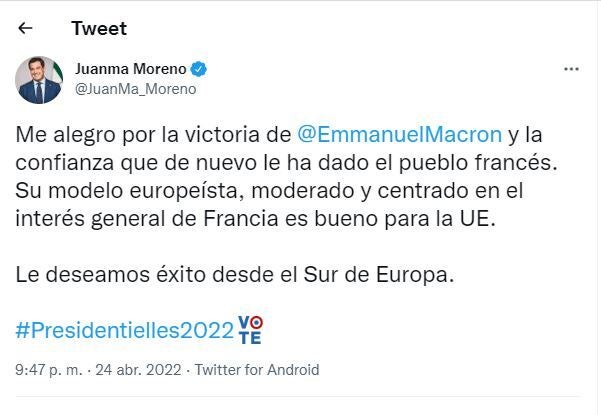 El tuit de Juanma Moreno.