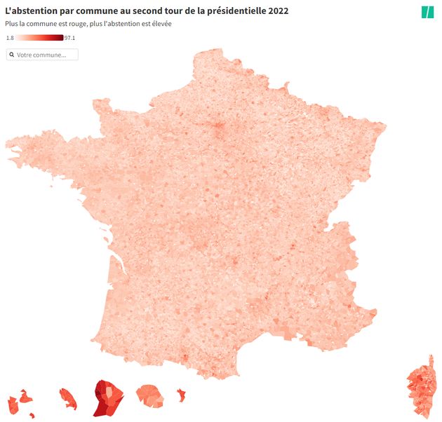 La répartition de l'abstention en France (plus la commune est colorée, plus elle s'est
