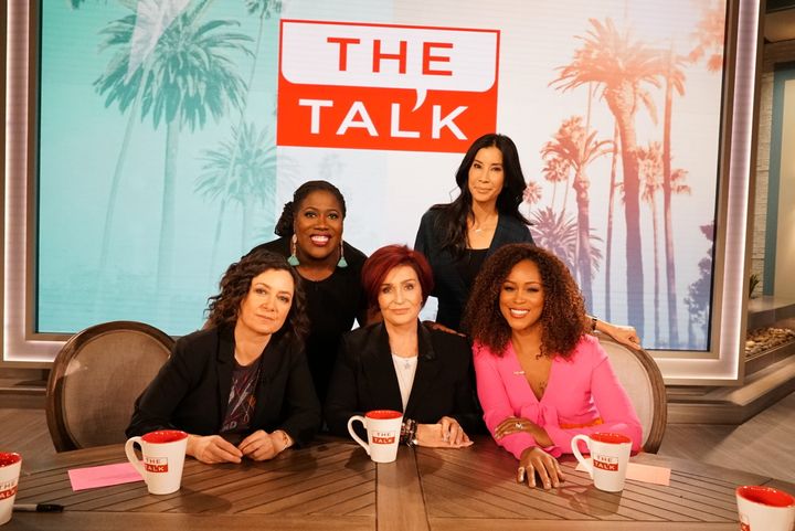 Sharon poictured with her former The Talk panellists (L-R) Sheryl Underwood, Sara Gilbert, Sharon Osbourne, Eve and Lisa Ling.