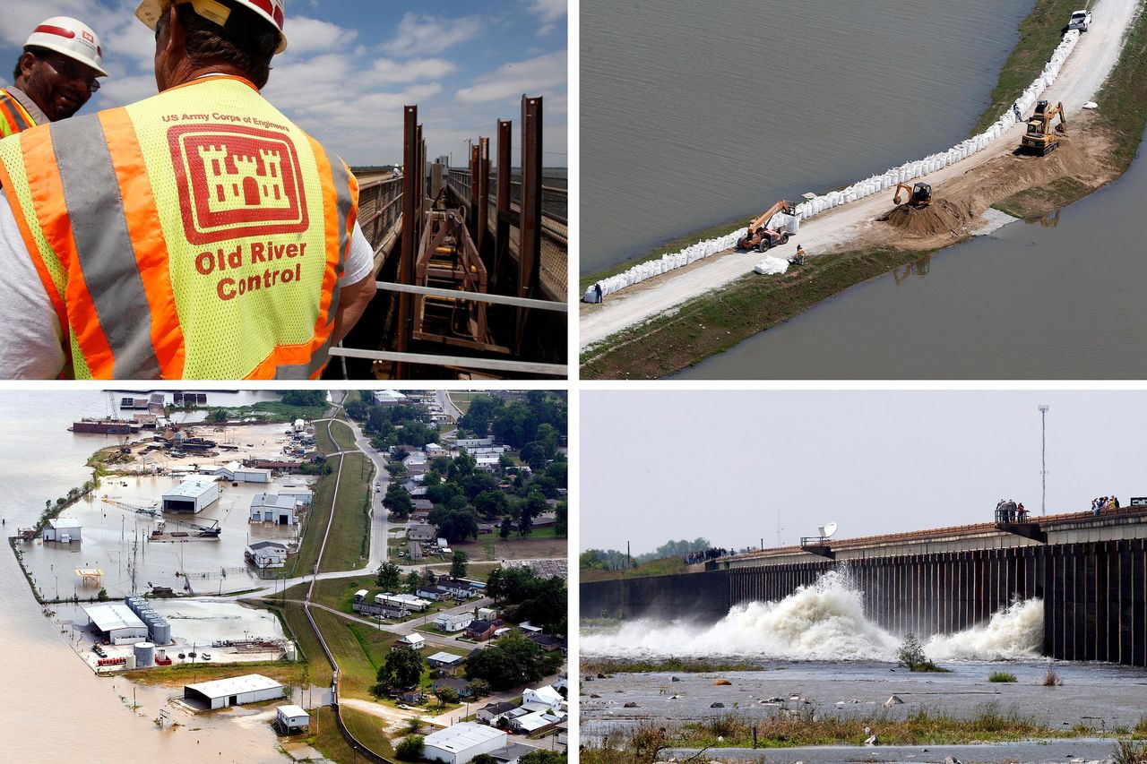 A series of file photos show the second-ever opening of the Morganza Spillway in 2011 to help control major Mississippi River flooding that spring. Top left: Workers with the U.S. Army Corps of Engineers prepare to open a bay on the structure, which will allow water from the Mississippi River to divert into the Atchafalaya Basin. Top right: Workers top a levee with sandbags near the Mississippi River. Bottom left: Buildings outside of levee protection take on floodwater in Morgan City, Louisiana, on May 12, 2011, two days before the spillway was opened. Bottom right: Water diverted from the Mississippi River spills through a bay in the Morganza Spillway on May 14, 2011. A steel, 10-ton floodgate was slowly raised for the first time since 1973, unleashing a torrent of water from the Mississippi River, away from heavily populated areas downstream.