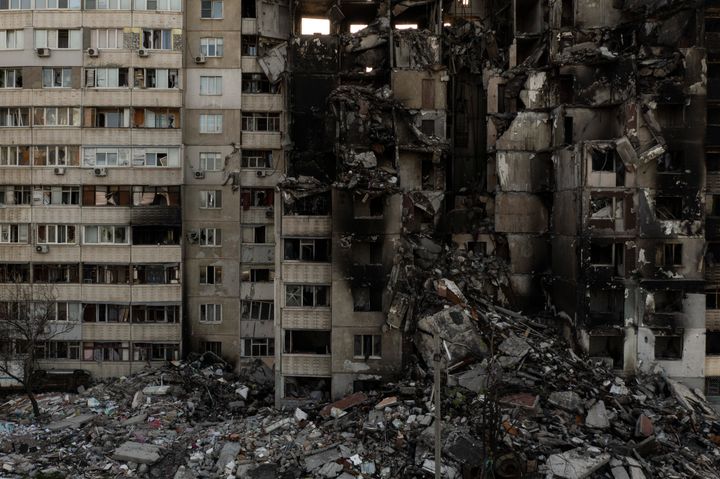 A building heavily damaged by multiple Russian bombardments stands near a frontline in Kharkiv, Ukraine on Monday.
