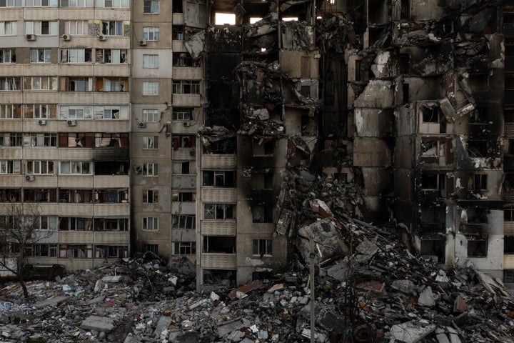 On Monday, a building severely damaged by multiple Russian bombings stood on the front line in Kharkov, Ukraine.