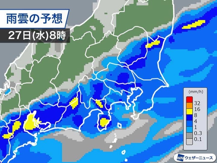 27日(水)朝の雨雲の予想