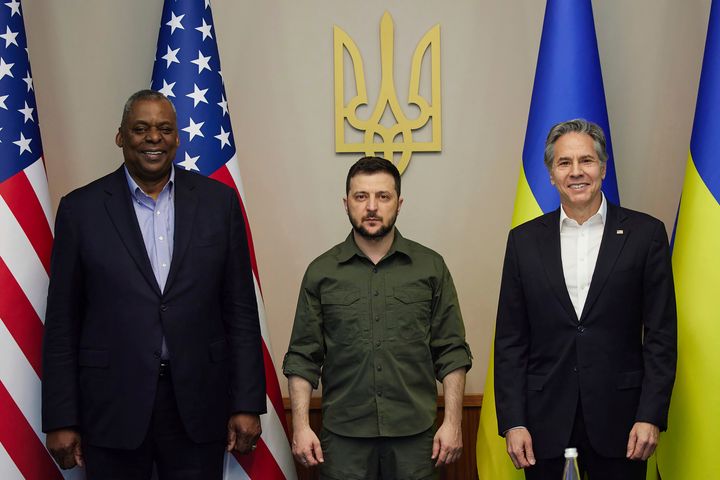 In this photo provided by the Ukrainian Presidential Press Office on April 25, 2022, from left; U.S. Secretary of Defense Lloyd Austin, Ukrainian President Volodymyr Zelenskyy and U.S. Secretary of State Antony Blinken pose for a picture during their meeting April 24, 2022, in Kyiv, Ukraine. (Ukrainian Presidential Press Office via AP)