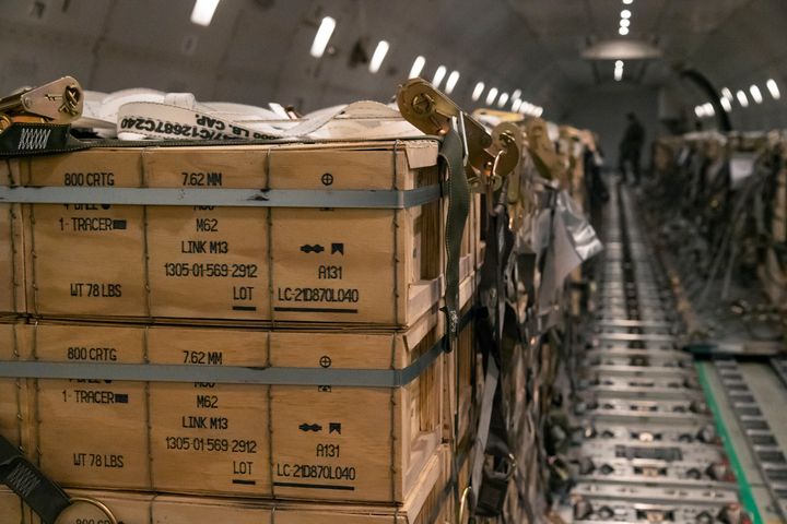 In this image provided by the U.S. Air Force, pallets of ammunition, weapons and other equipment bound for Ukraine are loaded on a plane by members from the 436th Aerial Port Squadron during a foreign military sales mission at Dover Air Force Base, Del., on Jan. 30, 2022. The longer Ukraine's army fends off the invading Russians, the more it absorbs the advantages of Western weaponry and training. 