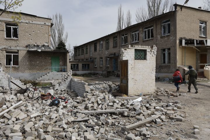 MARIUPOL, UKRAINE - APRIL 22: Humanitarian aid center continues to operate actively in Mariupol, where the Russian Army has taken control, on April 22, 2022. One of the kindergartens - kindergarten No. 83 "Little Red Riding Hood" was stuffed with abandoned ammunition. (Photo by Leon Klein/Anadolu Agency via Getty Images)