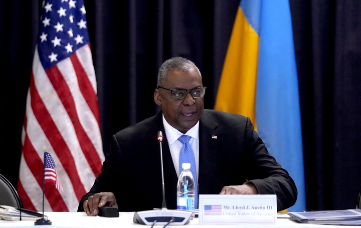 U.S. Secretary of Defense, Lloyd Austin, delivers a speech as he hosts the meeting of the Ukraine Security Consultative Group at Ramstein Air Base in Ramstein, Germany, Tuesday, April 26, 2022.