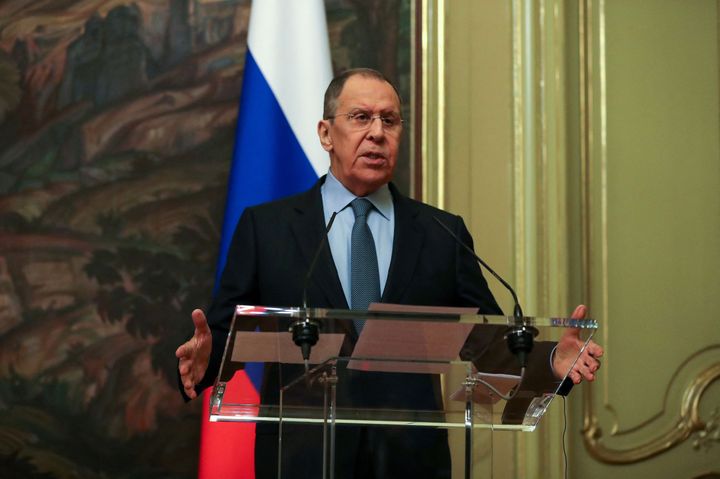 Russian Foreign Minister Sergei Lavrov speaks during a joint press conference with UN Secretary-General following their talks in Moscow on April 26, 2022.