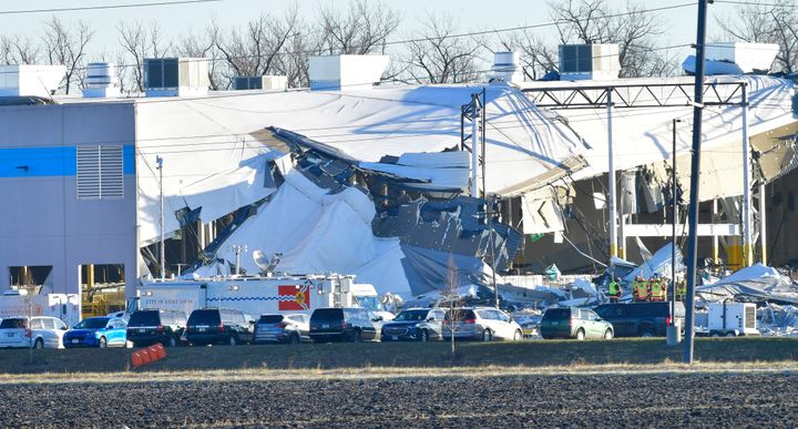 Recovery operations were underway after the partial collapse of an Amazon Fulfillment Center in Edwardsville, Illinois, on Dec. 12, 2021.