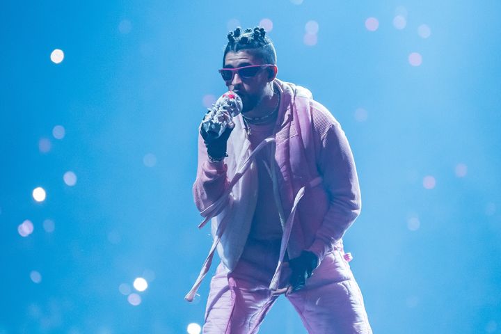 Bad Bunny performs on stage during his El Ultimo Tour Del Mundo at FTX Arena on April 1 in Miami.