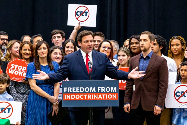 Florida Gov. Ron DeSantis addresses the crowd before publicly signing the Stop WOKE Act on April 22, 2022.
