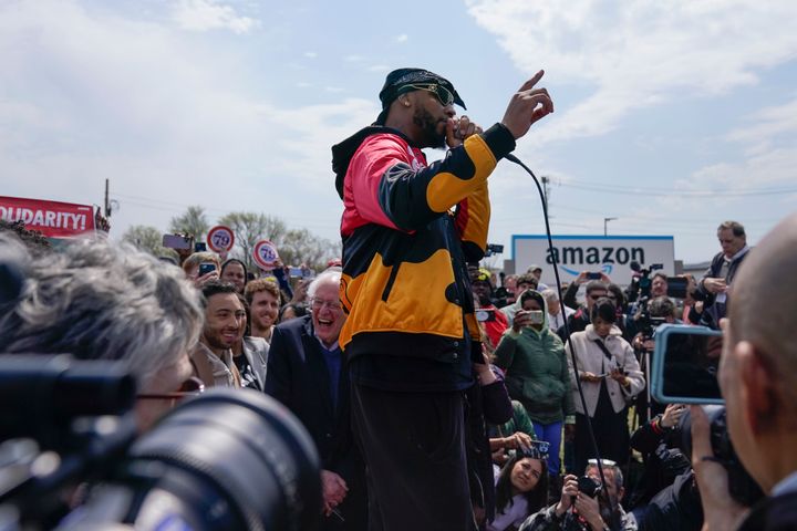 Christian Smalls, president of the Amazon Labor Union, speaks at a rally outside an Amazon facility on Staten Island on Sunday.