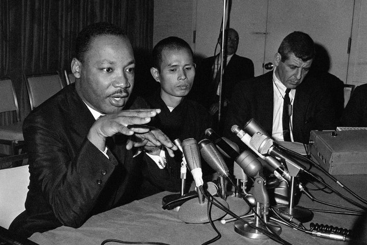 Dr. Martin Luther King Jr. appearing in a Chicago news conference with Thich Nhat Hanh on May 31, 1966. 