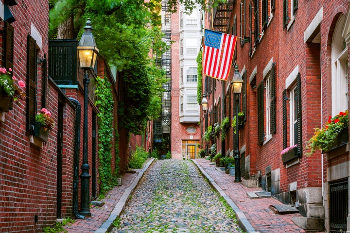 Red Brick houses along Acorn Street, Beacon Hill in Boston.