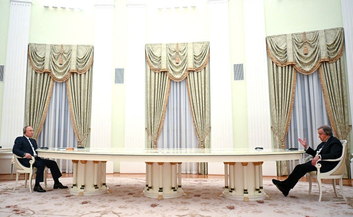 Russian President Vladimir Putin (L) and United Nations Secretary-General Antonio Guterres (R) meet in Moscow, Russia, on April 26, 2022.