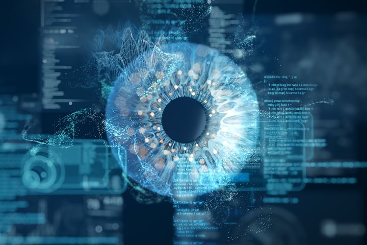 Eye biometric scanning and futuristic digital screens.