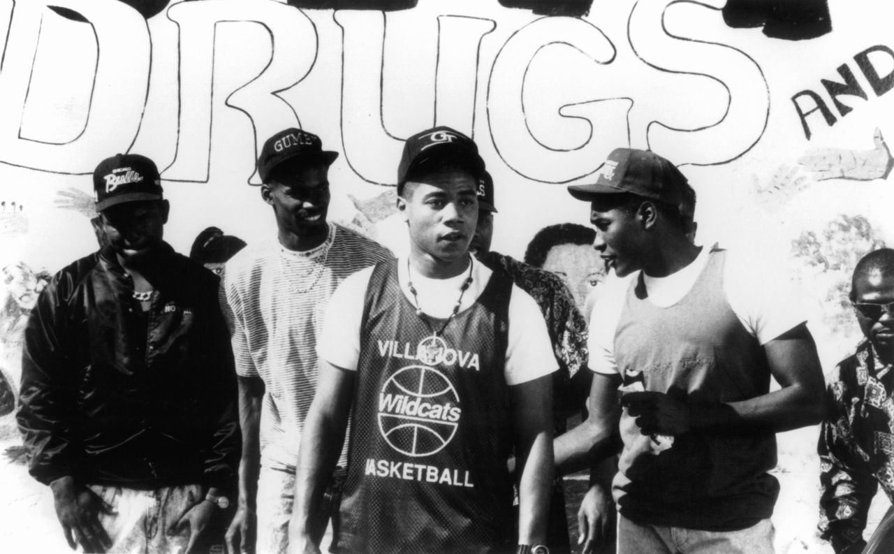 Cuba Gooding Jr. hangs out with his buddies in a scene from the film "Boyz n the Hood," circa 1991.