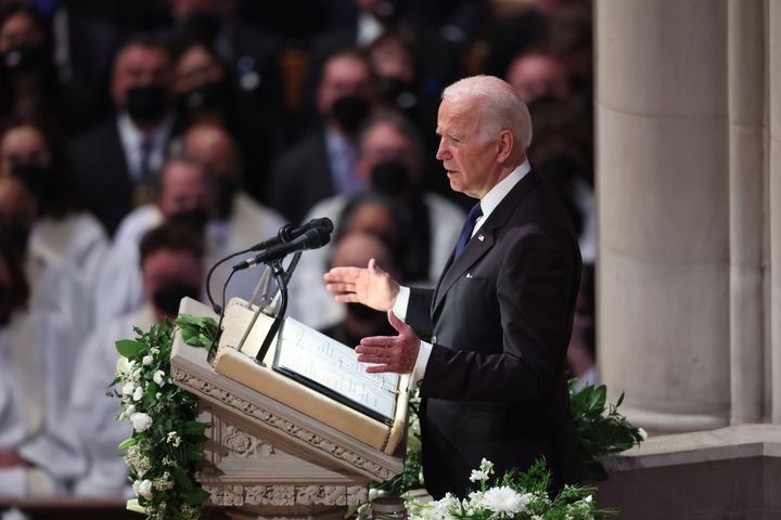 U.S. President Joe Biden speaks during the funeral service for former U.S. Secretary of State Madeleine Albright at the Washington National Cathedral April 27, 2022 in Washington, DC. Albright, who was the first woman to serve as U.S. Secretary of State, died March 23.