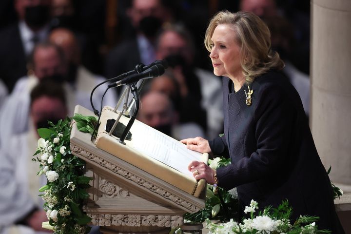 Former U.S. Secretary of State Hillary Clinton speaks during the funeral service for former U.S. Secretary of State Madeleine Albright at the Washington National Cathedral April 27, 2022 in Washington, DC.