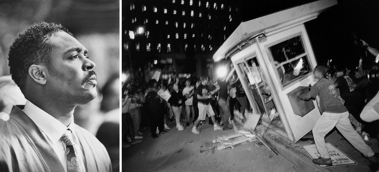 Left: Rodney King asks the city of Los Angeles "Can we all get along?" during the 1992 riots that swept the city. Right: Rioters overturn a parking attendant booth at the LAPD Parker Center.