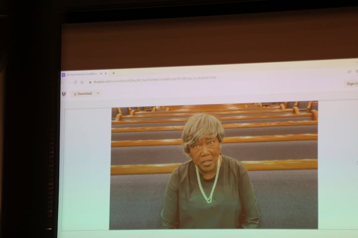 Charleston church massacre survivor Polly Sheppard speaks in a video asking to pass a hate crimes law in the South Carolina Senate on Wednesday, April 27, 2022, in Columbia, S.C.